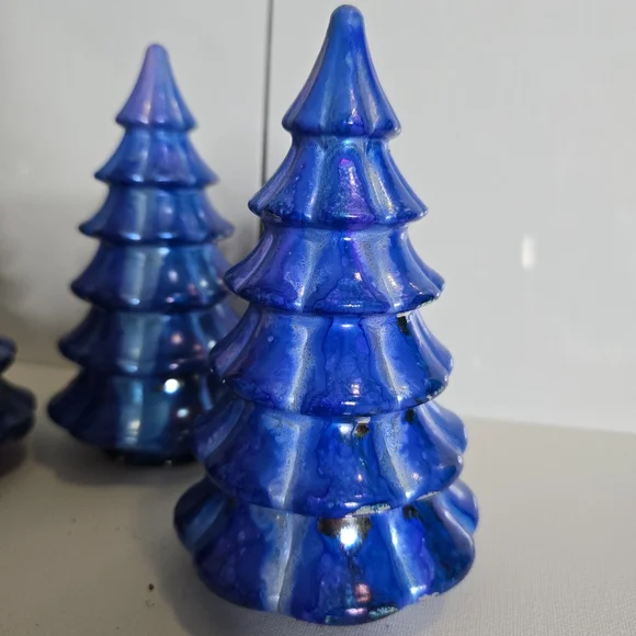3 HANDCRAFTED Upcycled Blue Holiday Trees HANDPAINTED Tabletop Art Decor Artwork - Picture 6 of 12